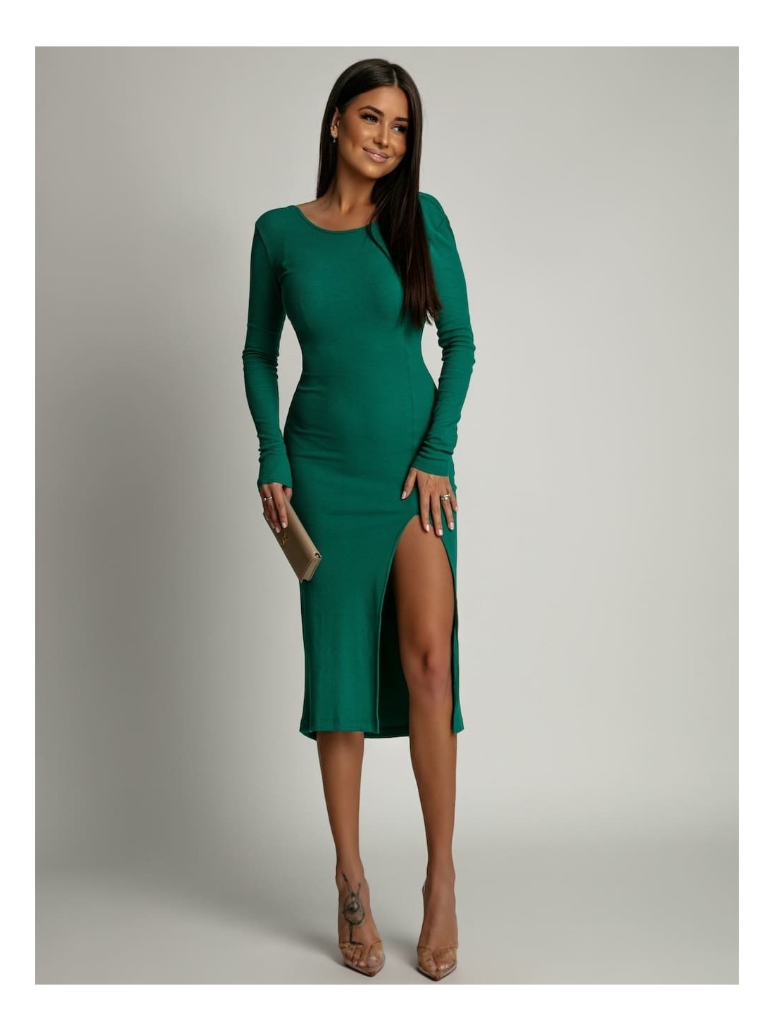 Rochie cu nervuri cu decolteu la spate, verde FG673